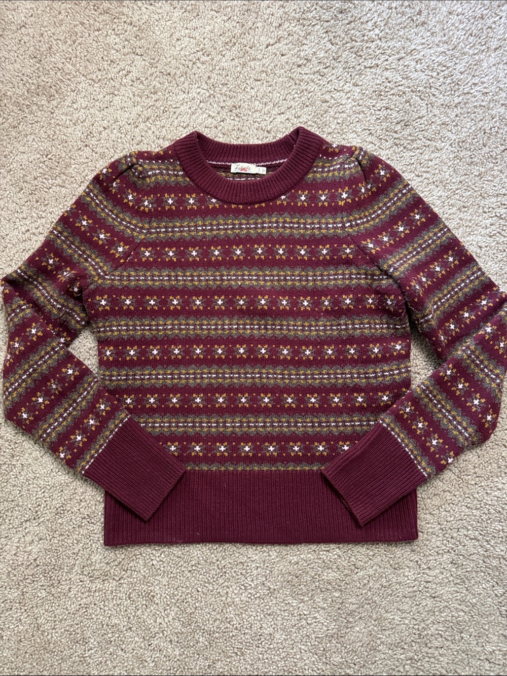 Faherty Burgundy Fair Isle Crewneck Sweater with Multicolor Pattern